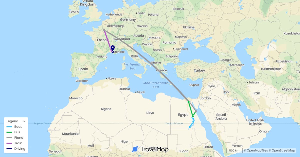 TravelMap itinerary: driving, bus, plane, train, boat in Egypt, France (Africa, Europe)